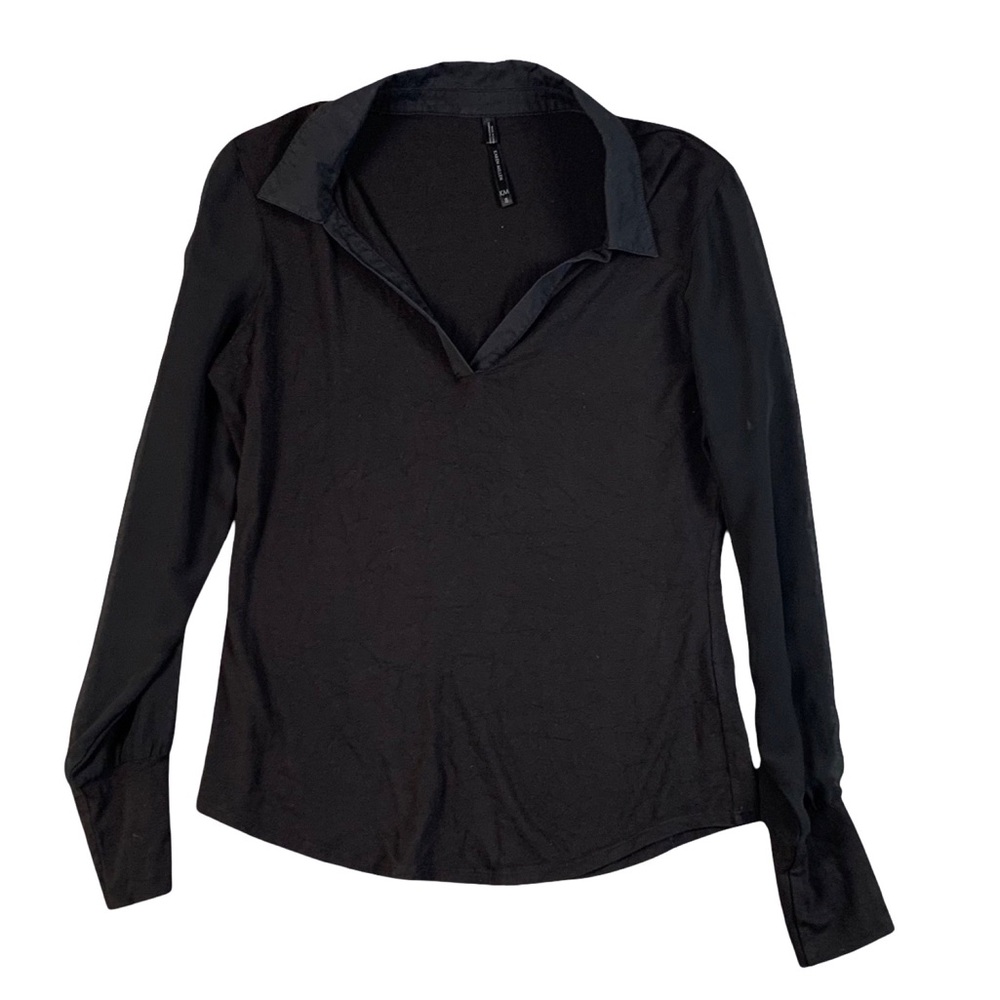 Karen Millen Long Sleeve Poplin VNeck Blouse- Black Shirts Womens 8
